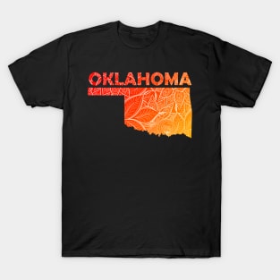 Colorful mandala art map of Oklahoma with text in red and orange T-Shirt